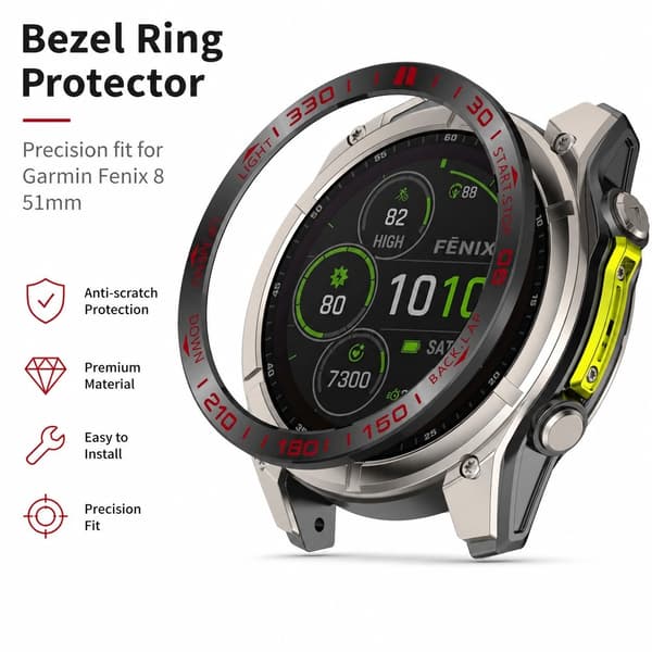 Bezel kompatibel med Garmin Tactix 8 51mm Solar, Sort & Rød Racing Edition, Rustfrit Stål
