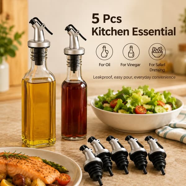 5-pack hällpipar för olivolja, läckagesäker flaskkork, silver, för olja, vinäger och sallad