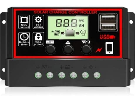 Beijiyi 30A Solar Charge Controller, 12V/24V PWM Controller, Solar Panel Regulator med Justerbar LCD-skærm, Sort
