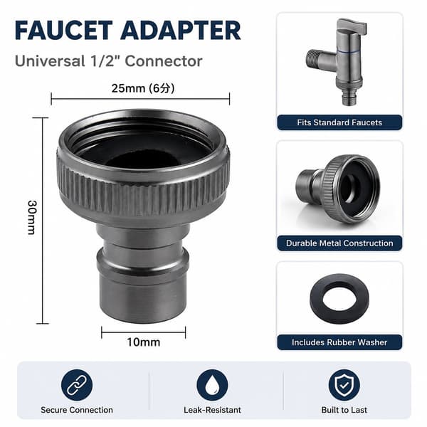 Vandhaneadapter 25 mm Grå, Kobber, 360° Rotation, Universal til Køkken & Vask