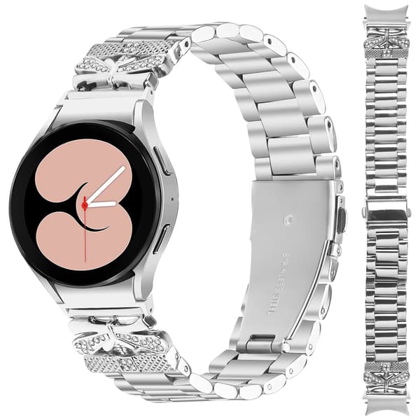 Klokkerem i rustfritt stål til Galaxy Watch 4/5/6, sølv, sommerfuglspenne, hurtigutløser