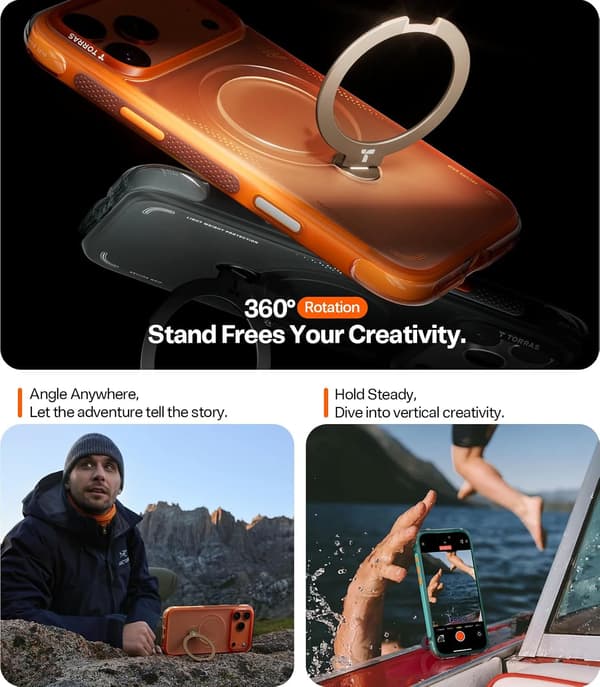 360 Magsafe Stand Telefondeksel til iPhone 17 Pro Max, AirMAX Fallbeskyttelse med 360° Roterende Støtte, Shadow Black