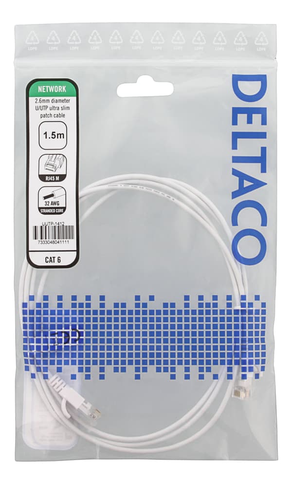 Cat6 UTP Slim Patchkabel, 1,5m, 500MHz, Hvit, 2,6mm Diameter