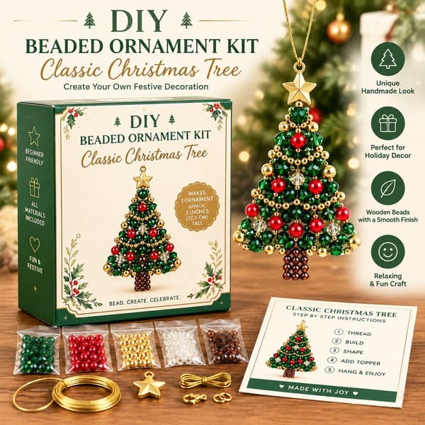DIY-kit för julgransprydnader med träpärlor, set F, konstnärligt julpyssel