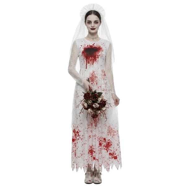 Halloween Spökbrud Cosplay Kostym, Blodfläckad Vit Bröllopsklänning, Skräckfestdräkt