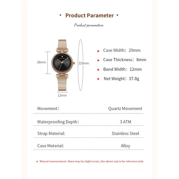 Dame Casual Ur 29mm Mini Urskive, Rustfrit Stål Mesh Armbånd, Sort, 3Bar Vandafvisende