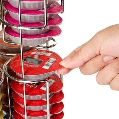 Roterende kapselholder dispenser displaystativ for 64 Tassimo-kapsler, kromstål