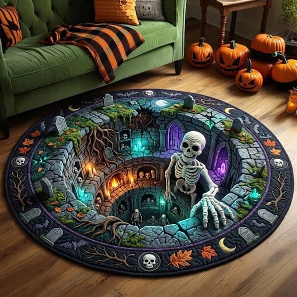 Halloween Rund Golvmatta, Kristall Sammet, Mjuk Tvättbar, Cosplay, Vardagsrum Sovrum