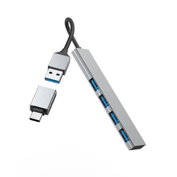USB-A 3.2 4-portars hubb 5 Gbit/s med USB-C-adapter, aluminium, Plug & Play