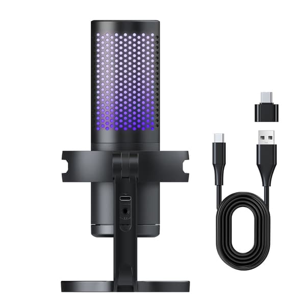 USB Streaming Mikrofon, Sort, RGB Åndedrætslys, Mute-knap, Gain-kontrol, Kardioid