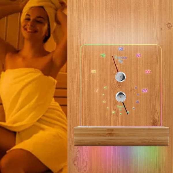 Badstuetermometer Hygrometer med RGB LED-lys, bambus, gjennomsiktig, oppladbart