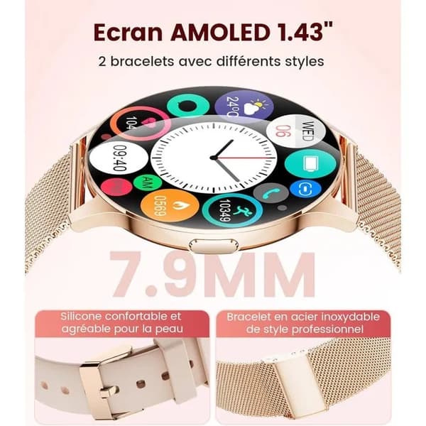Dam Smartwatch, 1.43\" AMOLED, 2 Armband, 120+ Sporter, Puls, IP68, iOS/Android