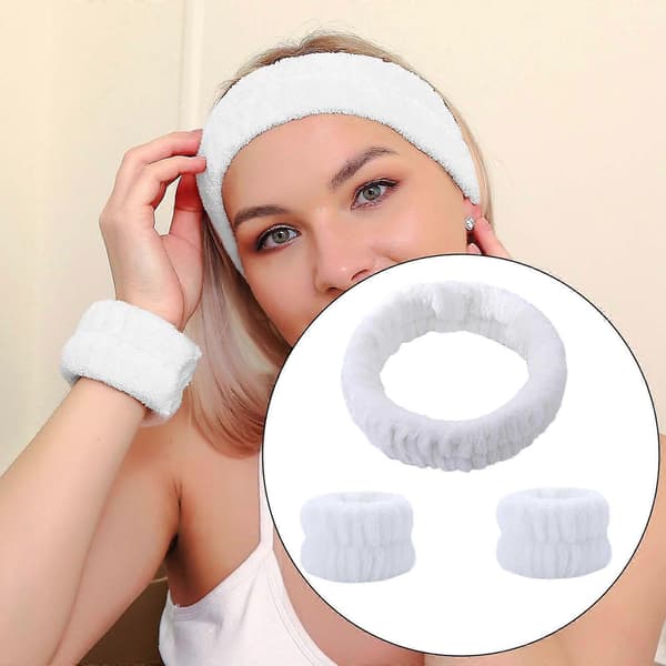 Gjenbrukbart Spa Hodebånd Håndleddsvaskebånd Ansiktsvask Sett Inkluderer 1 Mikrofiber White