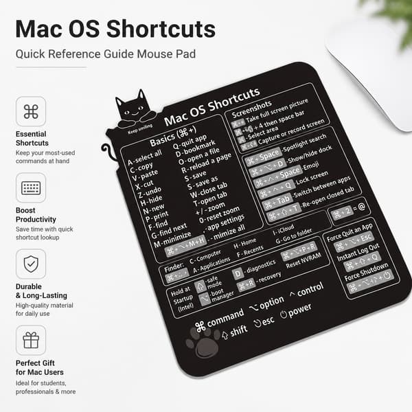 Näppäimistötarra Mac-pikanäppäimillä, musta, PVC, helppo kiinnittää, MacBookille