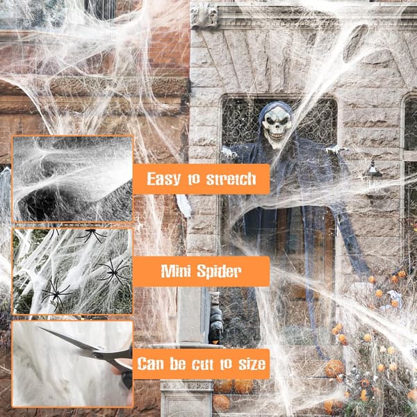 PUWOWYE Halloween-dekorasjon, 300g elastisk edderkoppnett og 50 kunstige edderkopper