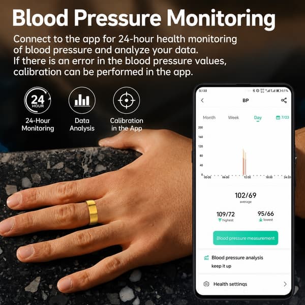 Smart Ring R1000, Guld, Bluetooth 5.0, Blodilt & Søvnmonitor, Sundheds-tracker