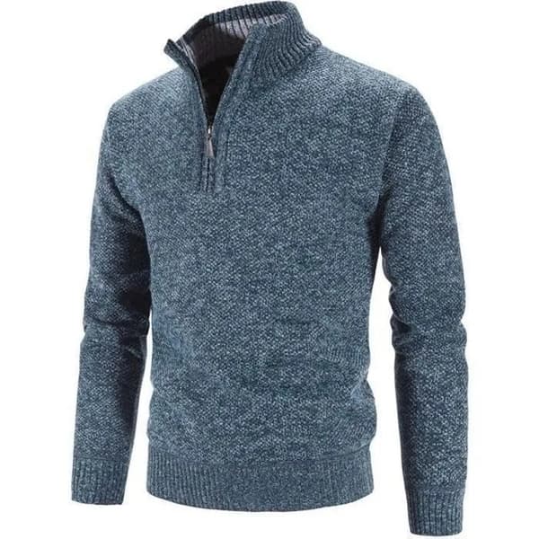 Herre Strikket 1/4 Lynlås Pullover Sweater, Høj Hals, Blå, Varm Blød Langærmet