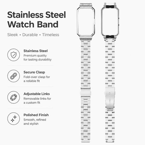 Rustfrit Stålrem til Huawei Band 10/9/8, Sort, Justerbart Metalarmbånd
