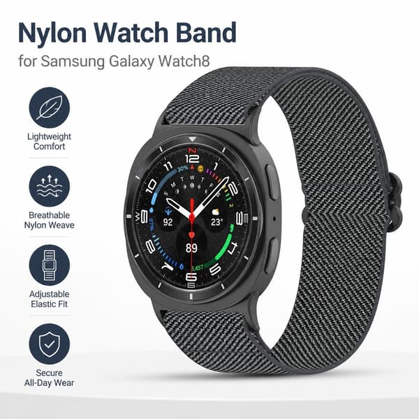 Nylon Urrem til Samsung Galaxy Watch8, Mørkegrå, Justerbar Elastisk Rem