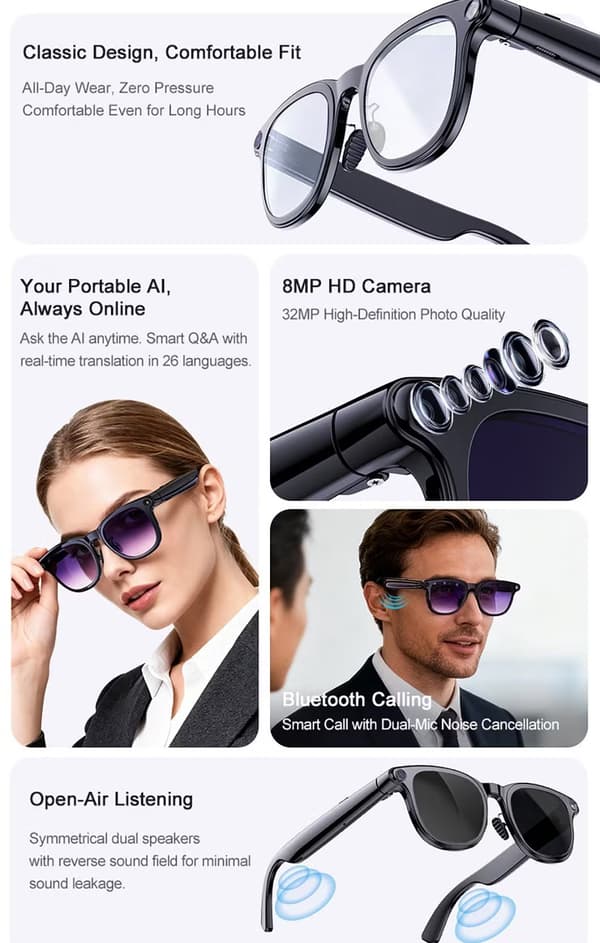 Smarte briller med videooptagelse, Bluetooth-lyd, USB, digitale, solbrillestil