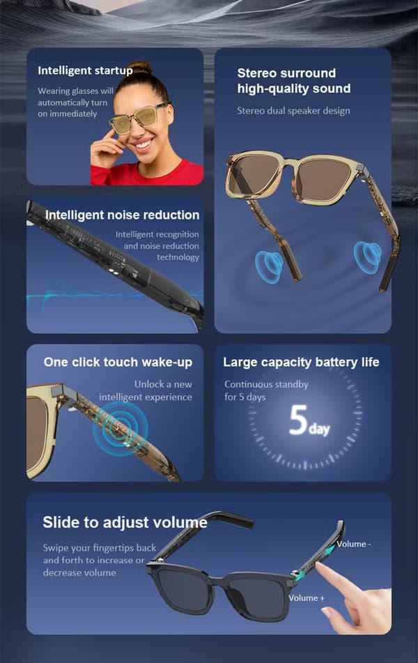 Smarte briller med UV400-beskyttelse, Bluetooth 5.3, berøringskontroll, vanntett, AI-assistent, magnetisk lading