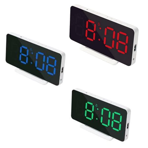 LED Spejl Vækkeur, Justerbart Sengelampeur med Elektronisk Display