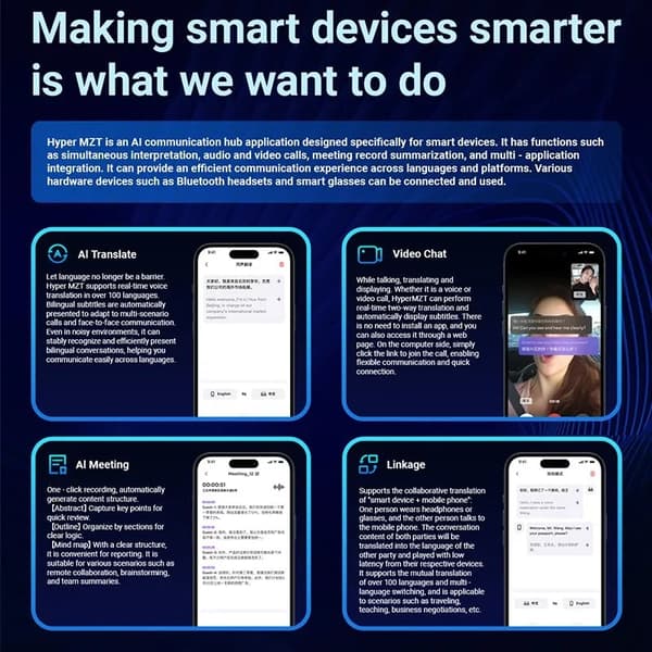 Smarte briller med AI stemmeassistent, anti-blått lys, oversettelse, Bluetooth 5.4, musikk, håndfri samtale