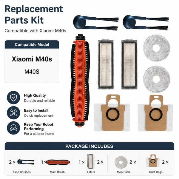 Xiaomi M40S -robotti-imurin lisävarustesarja, 1 rullaharja, 2 sivuharjaa, 2 suodatinta, 2 moppityynyä, 2 pölypussia