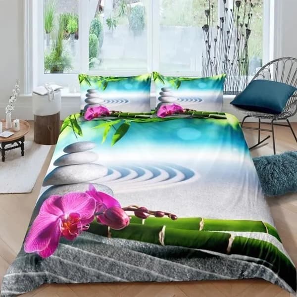 3D Zen Style Sängkläder Set, Bambu Stenar Blommor, 200x200cm, 3 Delar, Grön Grå Karmosin Vit