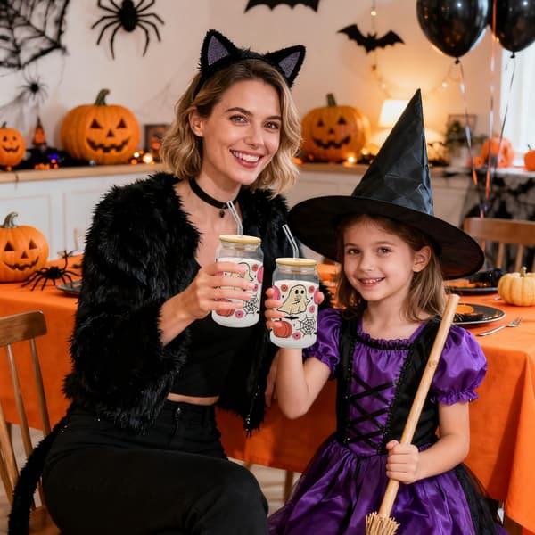 Halloween Glasbægre med Låg og Sugerør, Græskar Spøgelse Krus, 400ml