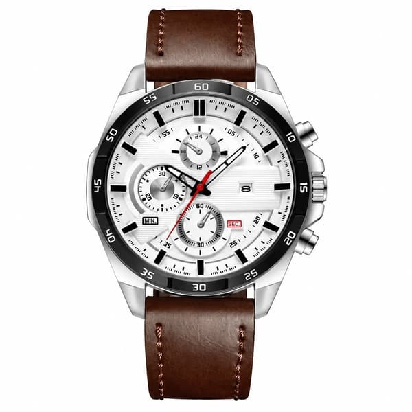 Herrsportklocka, 46 mm läderkvartsur, 3 Bar vattentät, vit