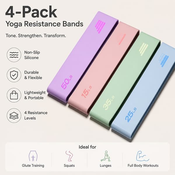 Yogamotståndsbandset, 4-pack halkfri silikon, för hemmaträning, knäböj, gluteusträning