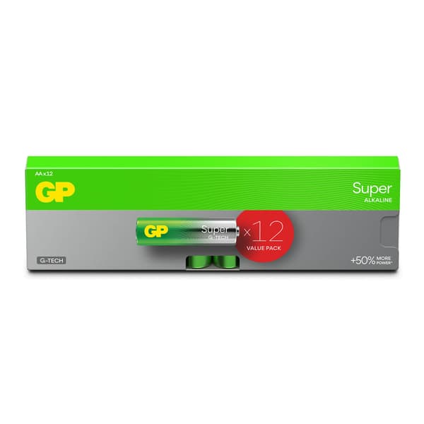 Super Alkaline AA-batterier, LR6, 12-pak, langvarig strøm