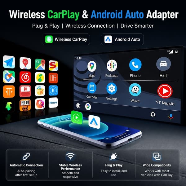 2-i-1 Trådlös CarPlay-adapter, Trådbunden till Trådlös CarPlay & Android Auto, Kompatibel med iPhone & Android