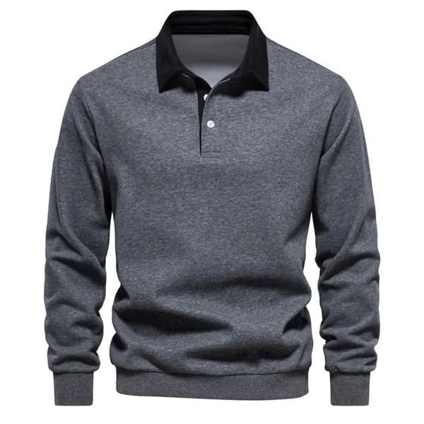 Herrtröja med nedvikt krage, lång ärm, knappar, avslappnad pullover, grå XL