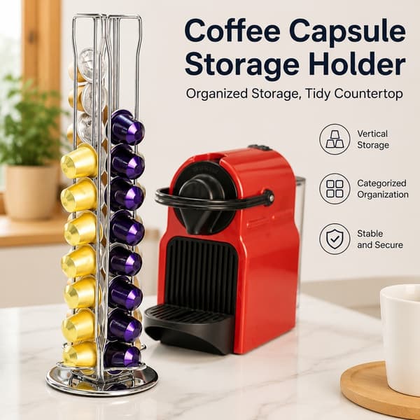 Kaffekapselholder, sølv, rommer 40 Nespresso-kapsler, roterende
