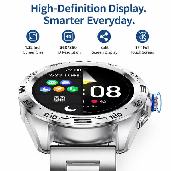 Smartwatch för män med Bluetooth-samtal, röstassistent, 20 sportlägen, IP67 vattentät