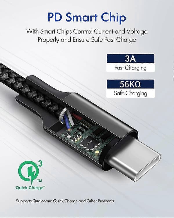USB C till USB C-kabel 6 meter, superlång 60W USB 2.0 Typ C till C laddningskabel flätad (ingen data)