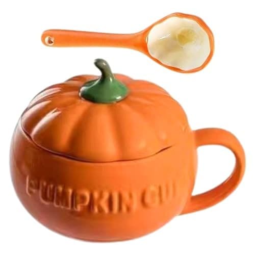 Keramisk pumpamugg med lock och sked, höstkaffekopp, medium, inredning