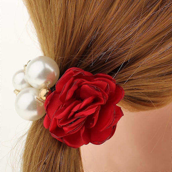 2x Elastiskt Gummiband Pärlor Ros Blomma Hårband Rep Scrunchie Hästsvans