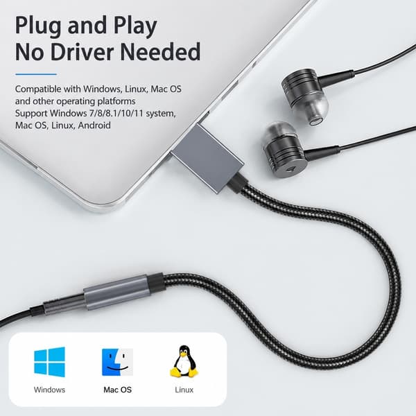 USB till 3,5 mm ljudadapterkabel, 30 cm, flätad nylon i aluminium, grå