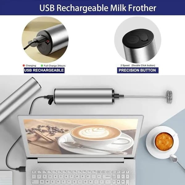USB Genopladelig Elektrisk Mælkeskummer, Rustfrit Stål, 3 Hastigheder, Dobbelt Piskeris til Kaffe Latte