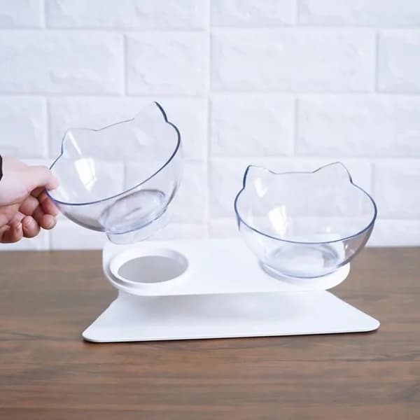 Dubbel plastmatskål för husdjur, transparent, medium, rund, halkfri, inomhus