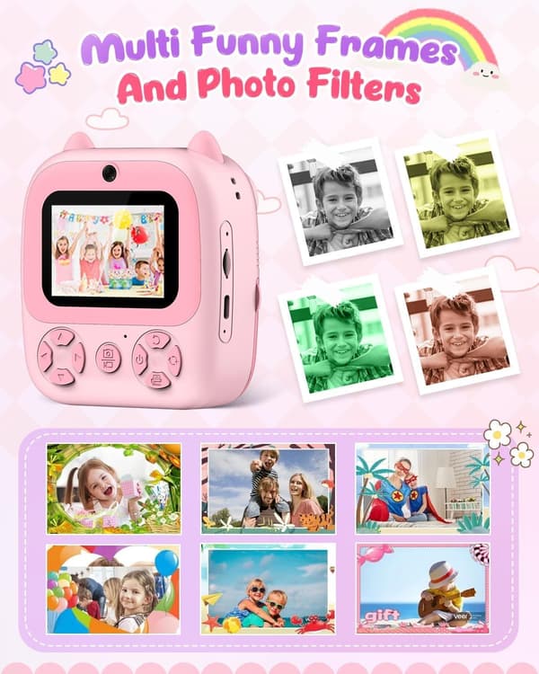 Barnkamera med direktutskrift, dubbla linser, 48 MP, termisk utskrift, 32 GB, rosa