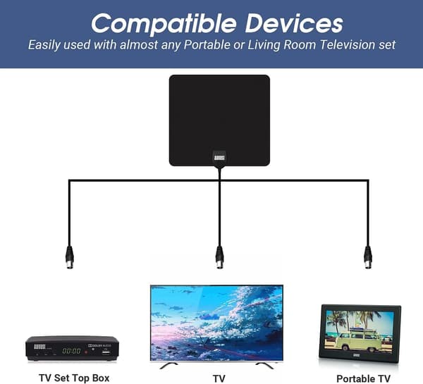 Indendørs TV-antenne til Freeview HD - Bærbar Antenne med Stativ & Vinduesmontering, DVB-T2, 3m Kabel, Sort