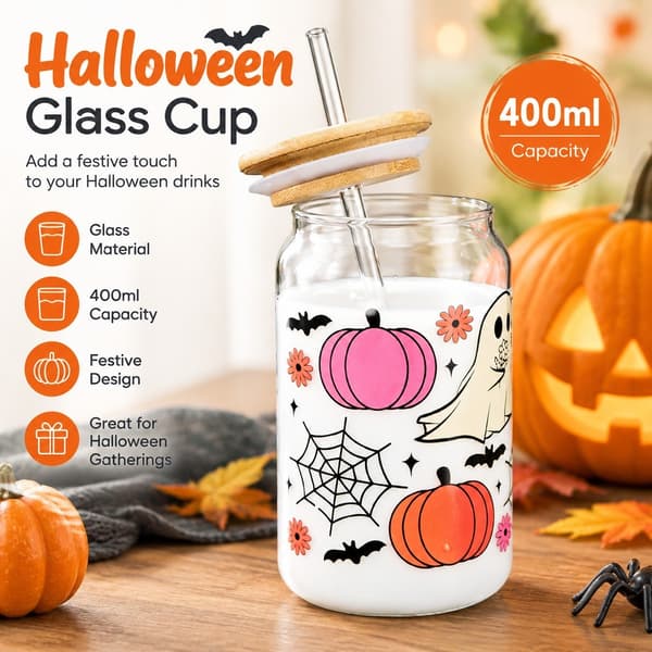 Halloween Glasbægre med Låg og Sugerør, Græskar Spøgelse Krus, 400ml