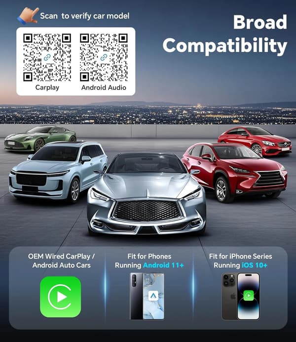 A10 Mini Trådløs CarPlay-adapter til iPhone og Android Auto - Kompakt CarPlay-dongle til fabriksmonterede kablede CarPlay-køretøjer (2016+)