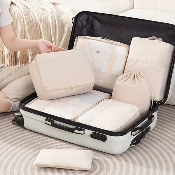 Resväska Packkuber Set, 7 delar, Beige, Nät Reseorganiseringsväskor för Resväska