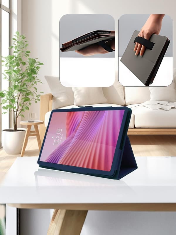 PU-skinnveske til Lenovo Tab One 8.7\", sammenleggbart stativ, blyantholder, håndleddsstropp, mørkeblå