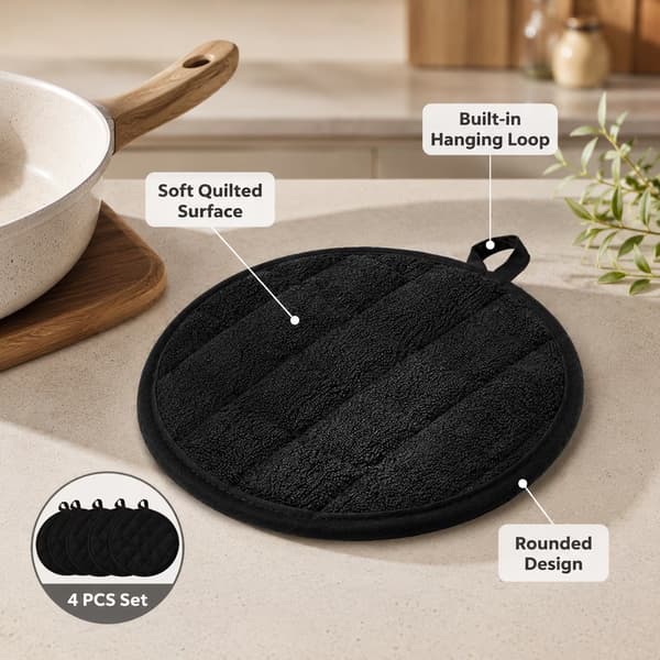 4-delt sæt runde grydelapper, sort, varmeisolerende puder i bomuldsfrotté, 18 cm